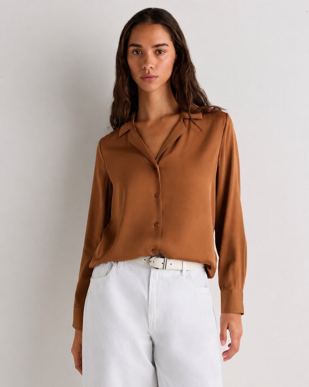 Quince Brown Long Sleeve Washable Silk Button Down Blouse Size XS